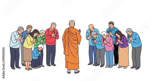Group of people bowing with hands together in prayer posture in front of a monk in orange robes representing religious practice and mindfulness