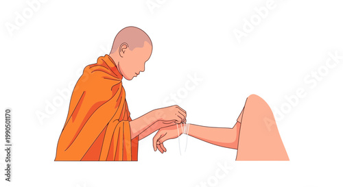 A Buddhist monk in orange robes performing a traditional blessing ceremony by tying a sacred white thread around the wrist of a devoted believer