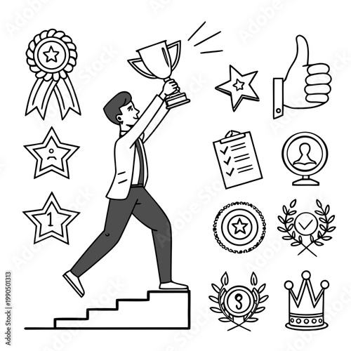 Man climbing stairs holding trophy, surrounded by achievement symbols, doodle vector illustration