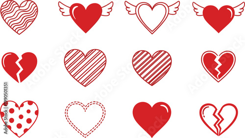 Heart Icon Collection with Love, Broken Heart and Winged Symbols, Romantic Valentine Elements for Wedding Design, Stickers and Decorative Vector Illustration.