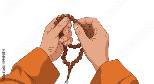 Hands holding brown wooden prayer beads against a plain white background for spiritual meditation and religious mindfulness and peaceful reflection