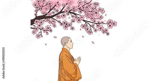 Buddhist monk standing in quiet meditation under a blooming sakura cherry blossom tree in a peaceful garden setting during the spring season time