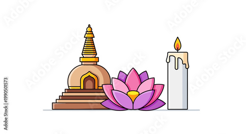 Stupa Temple Landmark Beside A Blooming Pink Lotus Flower And A Burning Wax Candle Representing Spiritual Peace And Calm Meditation Practices Today