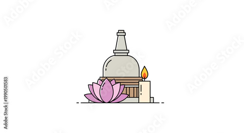 Buddhist Stupa Architecture Icon with Blooming Lotus Flower and Burning Wax Candle for Spiritual Rituals and Peaceful Meditation Practice Concept
