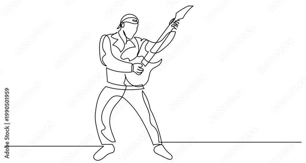 Obraz premium Continuous single line drawing of a rock singer with a guitar performing on microphone, minimalist style, pop music, and rock star concept vector illustration.
