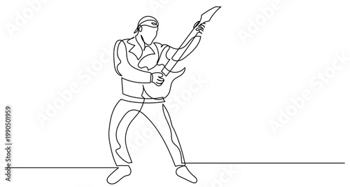 Continuous single line drawing of a rock singer with a guitar performing on microphone, minimalist style, pop music, and rock star concept vector illustration.