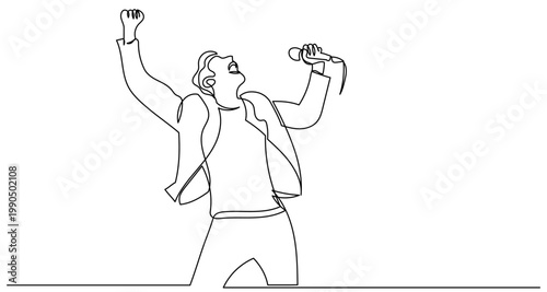 Continuous line drawing of a male musician singing with a microphone, modern continuous line style, pop singer rock star performance concept vector illustration.