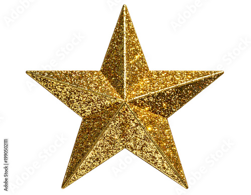Glistening gold five-pointed star ornament, isolated on white