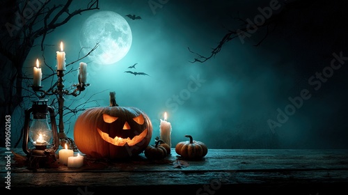 Spooky Halloween night with glowing pumpkin, candles, moon, and bats in the sky