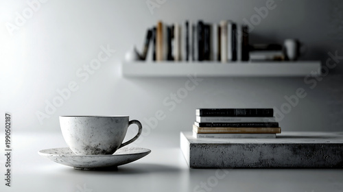 Minimal still life of a white coffee cup with books and shelf in soft morning light, creating a calm home interior mood.