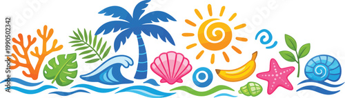 A vibrant collection of tropical summer elements featuring icons of beach life and ocean nature