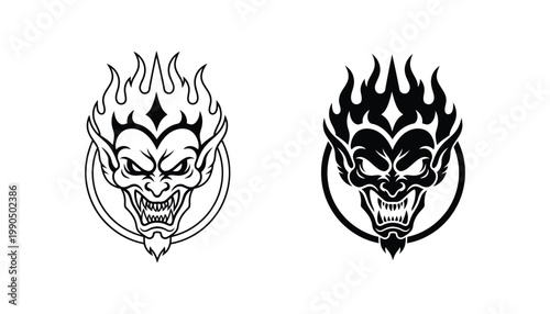 Evil demon or devil head with horns and flames icon set for fantasy character design and dark art graphic elements