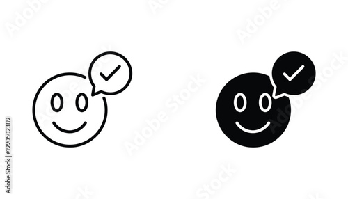 Smiling face with checkmark speech bubble icon for customer satisfaction and positive feedback survey design assets