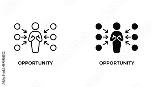 Opportunity concept icon set with person and arrows pointing towards central figure in black outline and solid silhouette styles for business growth and networking strategy designs on white