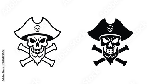 Pirate skull with crossed bones and captain hat vector icon set featuring detailed line art and bold solid black silhouette styles for nautical themed design assets isolated on white background