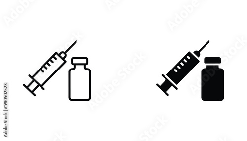 Medical syringe and vaccine vial icon set showing outline and solid black shapes for healthcare vaccination and medical treatment clinic branding