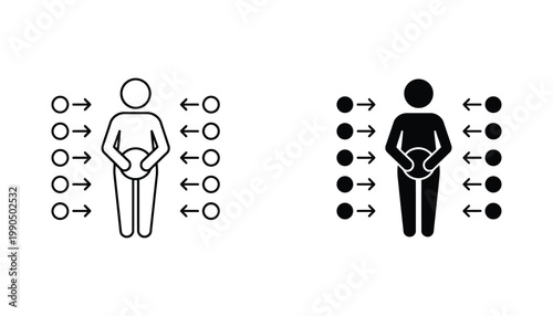 Person holding belly surrounded by circular particles icon set showing outline and solid black silhouettes for health digestion and nutrition analysis