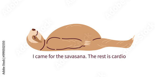 Sloth sleeps on back. Inscription I came for savasana, Rest is cardio. Humorous flat style illustration. Yoga animals. Suitable for yoga studio decor, funny fitness posters, sloth lover gifts