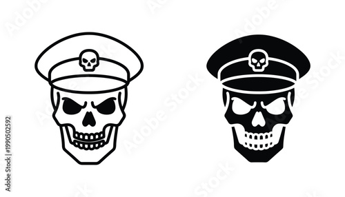 Menacing skull wearing military officer cap icon set for dark thematic graphic design and edgy apparel branding in bold black and white vector art
