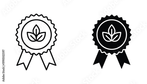 Quality eco certification badge with leaf emblem icon set for organic product labeling and sustainable brand assurance in vector style