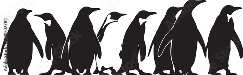 Black penguin silhouettes, penguin icons, animal graphics, wildlife illustrations, vector set