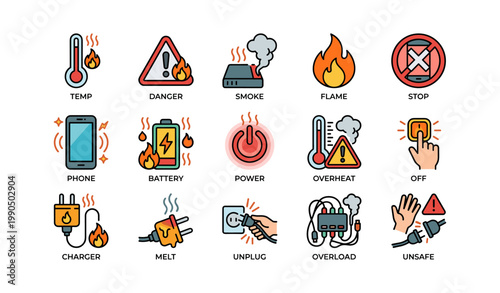 Electrical fire and overheating warning icons on white background