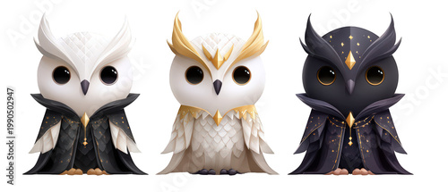 Three whimsical owls in elaborate cloaks, showcasing unique designs and vibrant colors