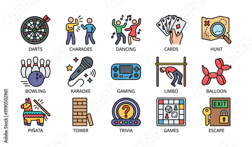 Party and group game icons showing activities on white grid