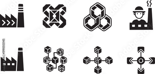 Industrial manufacturing and smart factory supply chain silhouette icon set