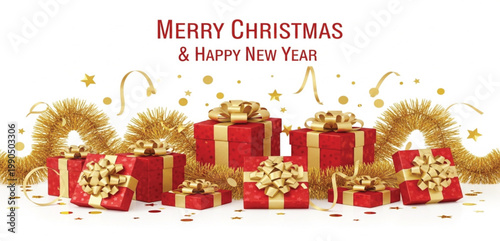 Merry Christmas and Happy New Year Greeting Banner with Red Gift Boxes Golden Ribbons Confetti Stars and Festive Holiday Decoration