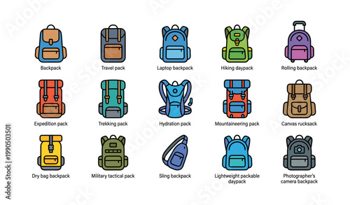 Assorted backpack icons of various pack types on white background