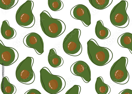 The image is a vibrant seamless pattern featuring a repeating arrangement of halved avocados. 