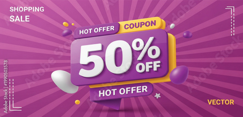 Shopping Sale Banner with Fifty Percent Off Coupon Hot Offer Discount Badge Purple Background and Retail Promotion Design