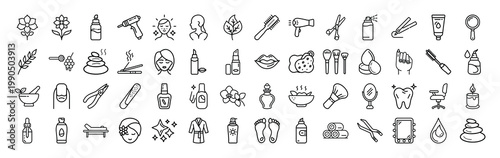 Minimalist beauty and spa line icons, 60 professional skincare and wellness vector symbols, black outline salon and self-care elements for web design