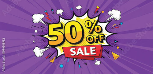 Comic Style Fifty Percent Off Sale Banner with Pop Art Explosion Background Discount Promotion and Shopping Advertising Design