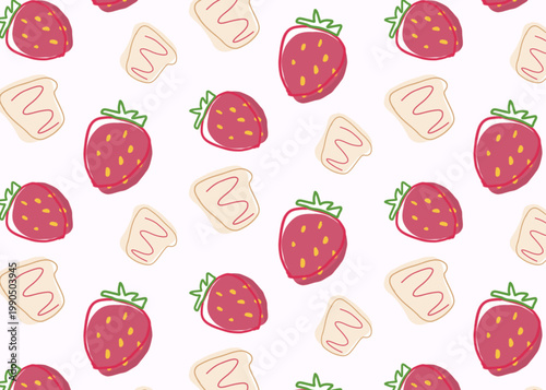 The image is a delightful seamless pattern featuring a repeating arrangement of vibrant strawberries and slices of toast or cream. 