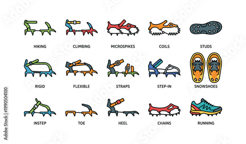 Crampon and traction icons with spikes and snow gear on white