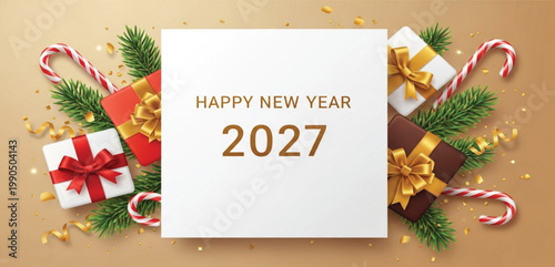 Happy New Year 2027 Greeting Card Mockup with Gift Boxes Candy Canes Pine Branches Golden Confetti and Festive Holiday Background