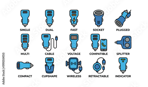Car charger icons showing types and features on white background