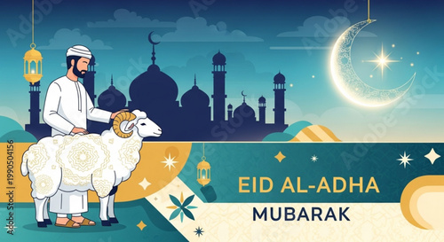 Muslim man with sheep for Eid al-Adha celebration mosque silhouette and crescent moon in night sky Islamic holiday greeting card