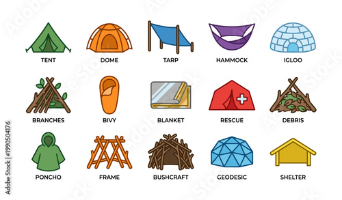 Camping shelter icons depicting multiple shelter types on white