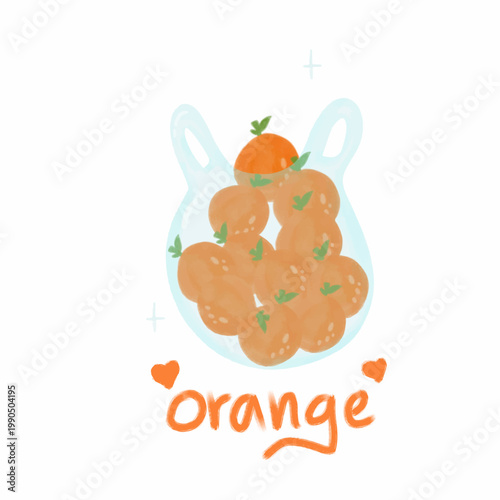 The image features a playful and cute illustration of a transparent plastic bag filled with oranges. 