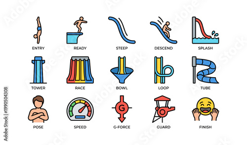 Waterpark and slide icons arranged in grid on white background