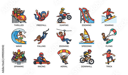 Adventure icons showing outdoor extreme sports and amusement rides