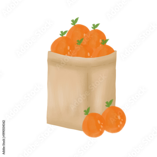 The image is a soft, watercolor-style illustration of several bright oranges packed inside a brown paper bag. 