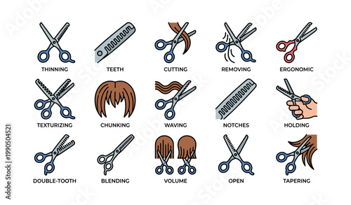 Hairdressing thinning and texturizing scissors with comb illustrations