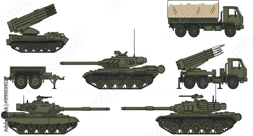 Military Vehicle Collection with Tanks, Rocket Launchers, and Army Trucks, Detailed War Equipment Illustrations for Defense, Battlefield Concepts and Tactical Vector Design.
