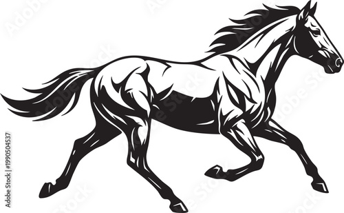 A running black horse vector illustration featuring a wild stallion silhouette in a fast gallop to showcase the speed and power of this equestrian animal art isolated on white