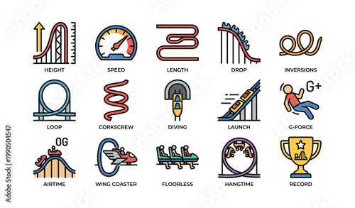 Roller coaster feature icons showing speed height loops launch