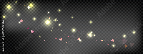 Heart love vector background. Valentine frame. Pink hearts confetti. Scattered love symbols. Random falling heart shape transparent black background. Beautiful Invitation Greeting Card Illustration.